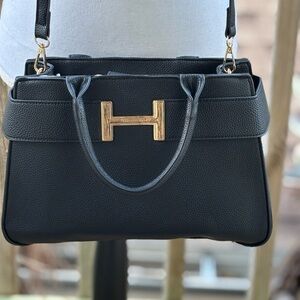 H by Halston Black Pebbled Satchel/Crossbody  with Gold Hardware